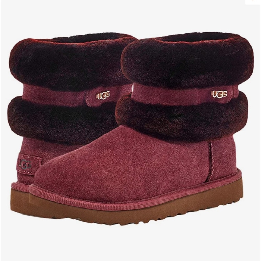 UGG Fluff Mini Belted Boots Ankle Booties Sheepskin Burgundy Grape Suede SZ 6.5